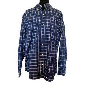 Lands' End Navy and White Windowpane No Iron Cotton Twill Shirt‎ Size Large